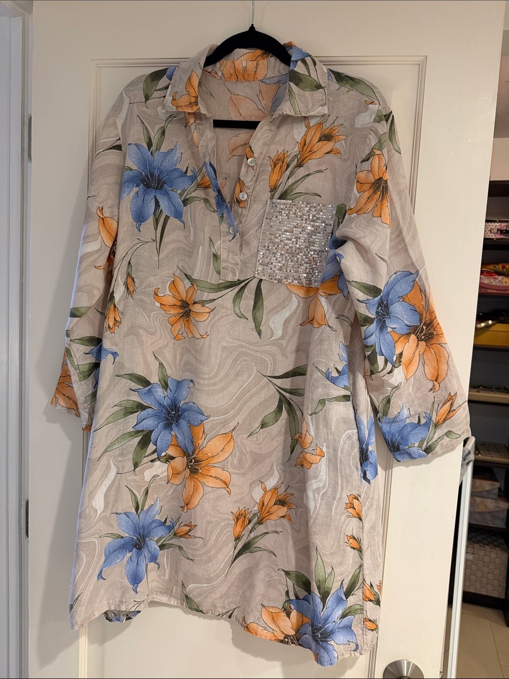 Floral Linen-Blend Tunic Dress in Light Gray with Blue & Orange Blooms